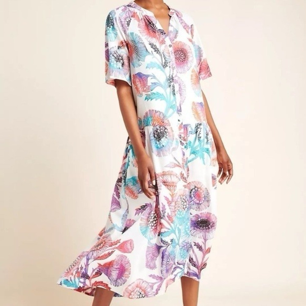 Anthropologie Tugboat Azores Maxi Dress With Slip Floral Button Down Size M $170